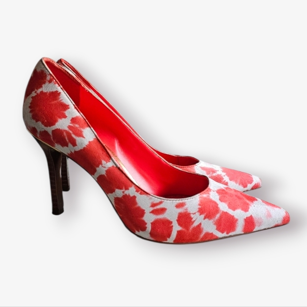 Ralph Lauren Pinterest Red Gray Tie Dye Suede Stiletto Statement Heels, size 6.5
